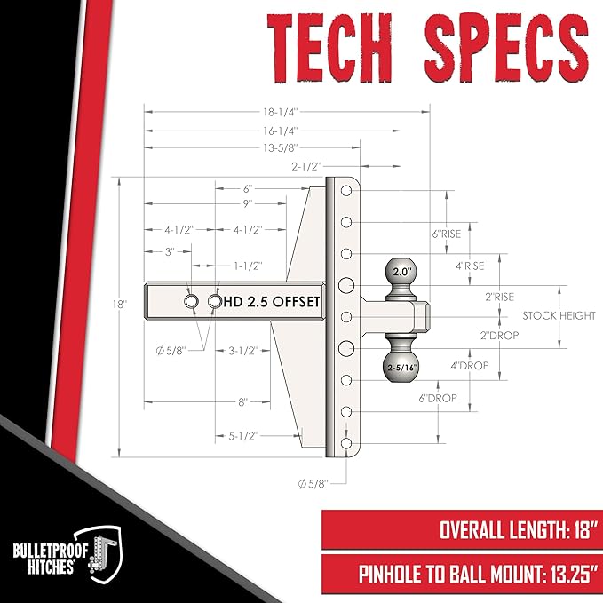 BulletProof Hitches - 2.5" Adjustable Heavy Duty Trailer Hitch (22,000 lb. Rating) - Offset 4" and 6" Drop/Rise Trailer Hitch with 2" & 2-5/16" Dual Ball Powder Coat, Solid Steel, Corrosion-Resistant
