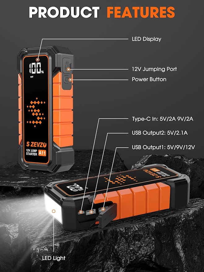 S ZEVZO A11 Jump Starter, Upgraded 5000A Car Battery Jumper Starter Portable (10.0L Gas & 7.0L Diesel Engines) with Booster 12V Lithium Jump Box with USB Charger, LCD Display, Flashlight, and Case