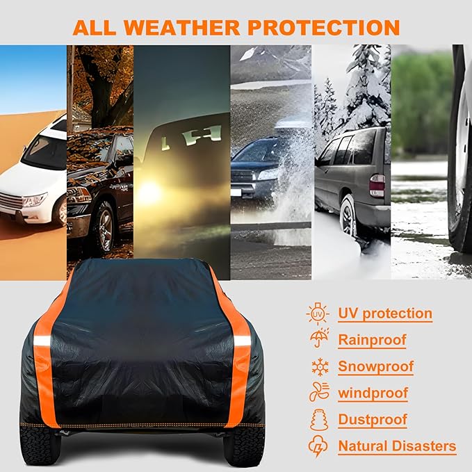 Truck Cover Heavy Duty 100% Waterproof Pickup Truck Cover All Weather Protection Rain UV Full Car Cover Fit Most Regular Cab Short Box Ford F100 Chevy Ram 150 250 Fit Length Up to 210"