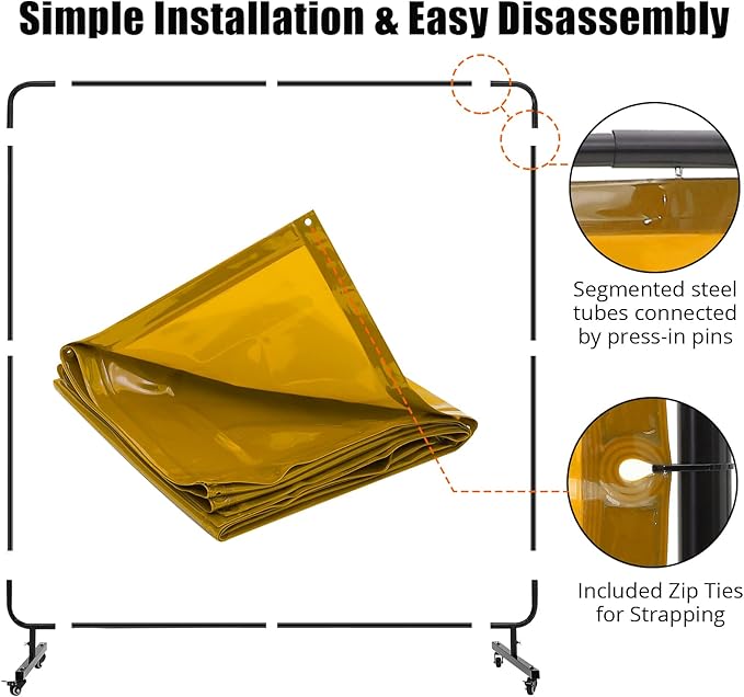 3 Panel 6x6 FT Vinyl Welding Screen with Frame, Flame-Resistant PVC Welding Curtain with Lockable Swivel Wheels, Transparent Welding Screen Panel for Welding Safety, Yellow