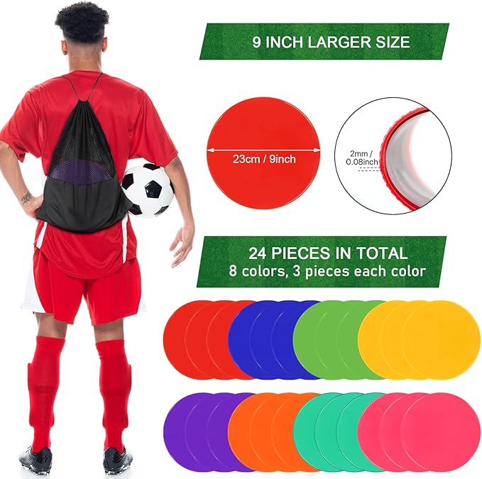 Poly Vinyl Spot Markers 9 Inch Rubber Floor Dots Non Slip Agility Markers Flat Field Cones for PE Gym Classes, Classroom Activities and Games, Soccer Basketball Sports Speed Agility Training