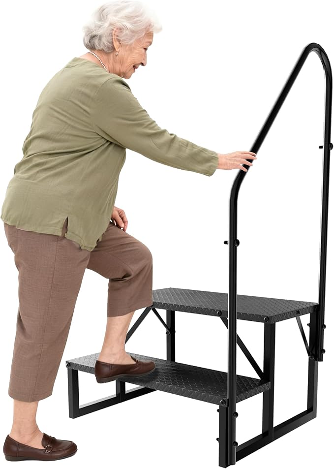 RV Steps with Handrail,2 Step Trailer Steps,Outdoor RV Stairs with Anti-Slip Pedals,Outdoor Steps for Travel Trailers,Heavy Duty Mobile Home Stairs for Camper, Porch, Spa