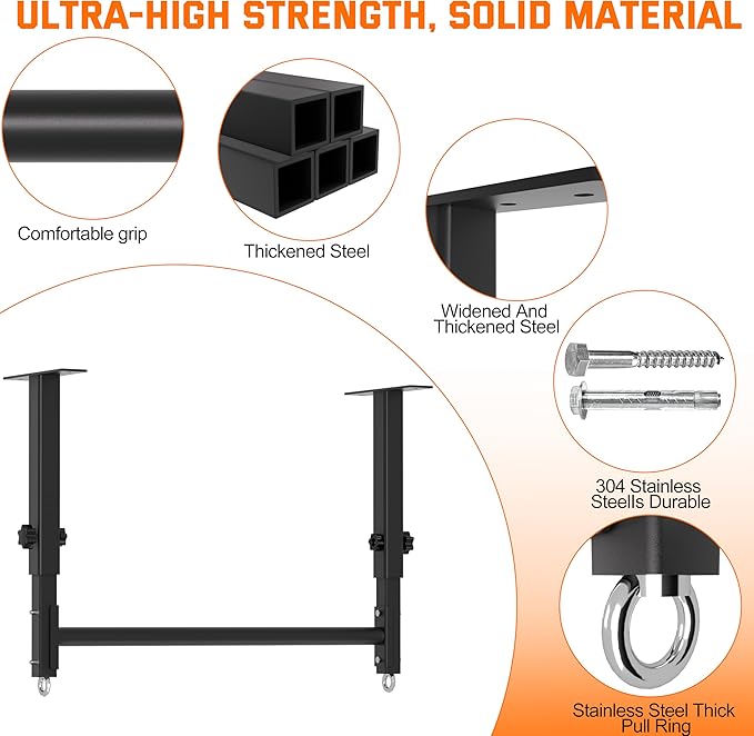 48" Ceiling Mount Pull Up Bar, Heavy Duty Multi-Grip Rafter Chin Up Bar for Garage/Basement/Backyard Ceiling Beam, Adjustable Height&Supports to 650 Lbs