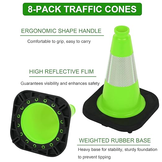 OrangeStar 8 Pack 12" Green Traffic Safety Cones, PVC Parking Construction Cones w/Reflective Collar, Heavy Duty Base for Driving Practice, Parking Lots and Roadwork