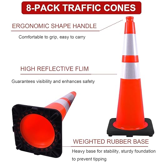 OrangeStar 28 Inch Orange Traffic Cones 8-Pack, Heavy Duty PVC Safety Cones with 2 Reflective Collars, Weighted Base for Highway, Roadwork, Construction, Warehouse Safety, Parking Lots