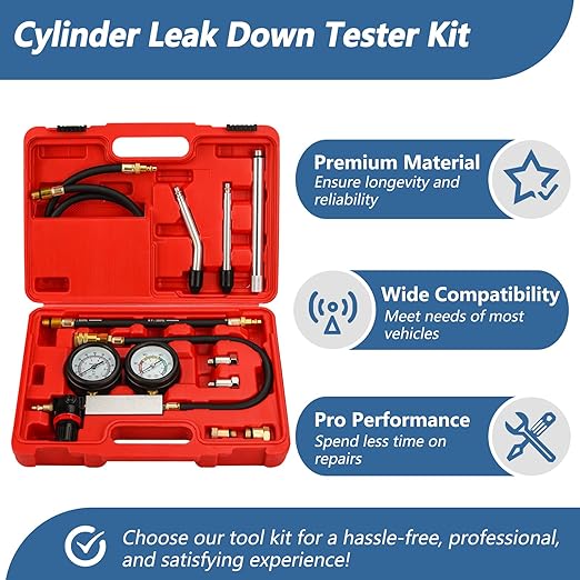 Cylinder Leak Down Tester Kit Dual Gauge Leakdown Detector Tool Set for Pressure Check & Leakage Rate Test Gasoline Engine Compression Leakdown Detector Leakage Test Set
