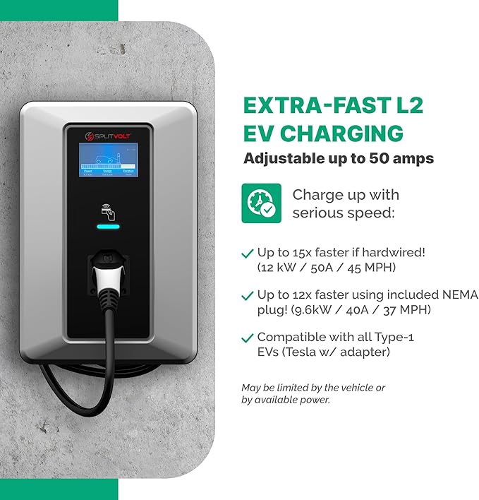 Splitvolt Level 2 Smart EV Charging Station - Connected, Adjustable 12kW, Display, Scheduling, RFID, NEMA 14-50, J1772, OCPP Compatible, Outdoor Rated, 23ft
