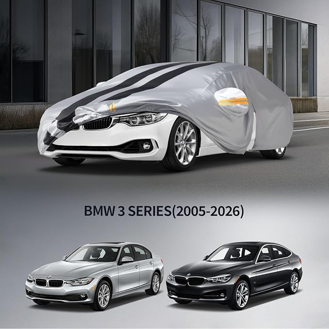 10 Layers Car Cover Custom Fit for 3 Series M3/320i/325i/328i/330i/340i 2005-2026 100% Waterproof All Weather Automobiles, Heavy Duty Car Covers for Rain Sun UV Protection with Door Zipper.
