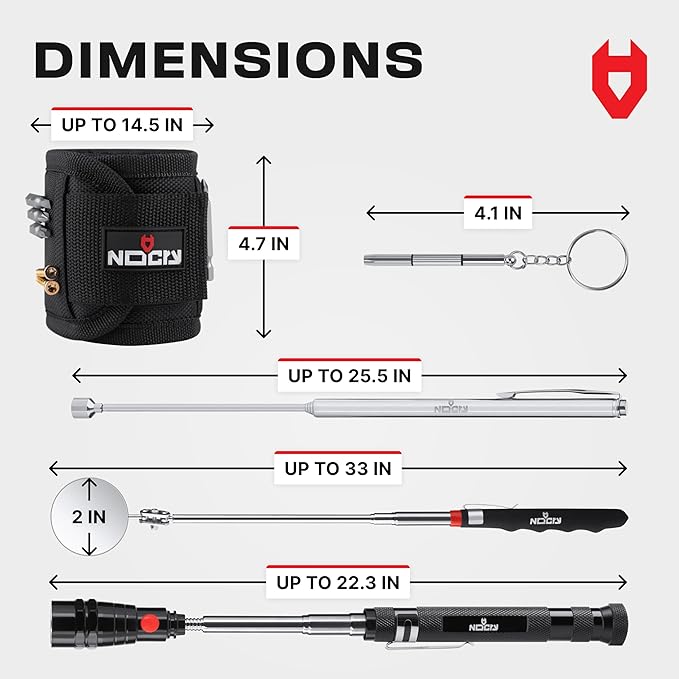 NoCry Telescoping Magnetic Pickup Tool Set for Father's Day Gift — Magnetic Wristband, Extendable Mechanic Mirror, Telescoping Pen, 360° Flexible Flashlight, 3-in-1 Screwdriver — Magnetic Tool Set