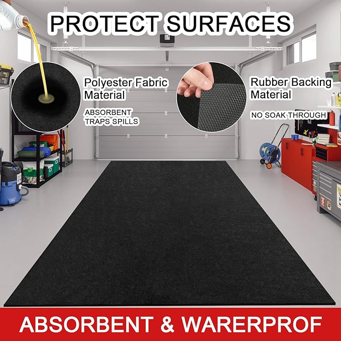Golener Oil Spill Mat - Garage Floor Mat, Absorbent Oil Pad, Premium Rubber Mat, Waterproof, Contain Liquid, Protect Garage Surface from Spill & Stain, Reusable, Washable, Durable, Black, 72” x 96”
