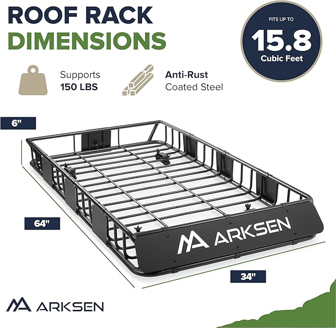 ARKSEN 64 x 34 x 6 Inch Universal Roof Rack with Extension, 150 LBS Heavy Duty Capacity Rooftop Cargo Basket for SUV, Truck, RV, Pickup
