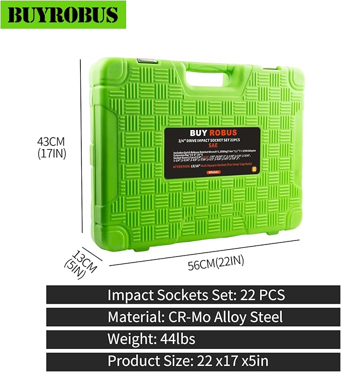 22 PCS 3/4" Impact Socket Set, Drive Deep 6 Point Socket Set, Including Long Sockets, 3/4" Impact Extension Bar and Drill Socket Adapter, Cr-MO