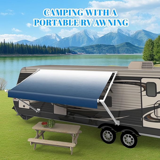 RV Awning Fabric Replacement,Camper Trailer Motorized Awning Replacement for Motorhome,Heavy Duty Weatherproof 18.5oz Outdoor Vinyl RV Canopy 16'(Fabric 15'2") Blue Fade