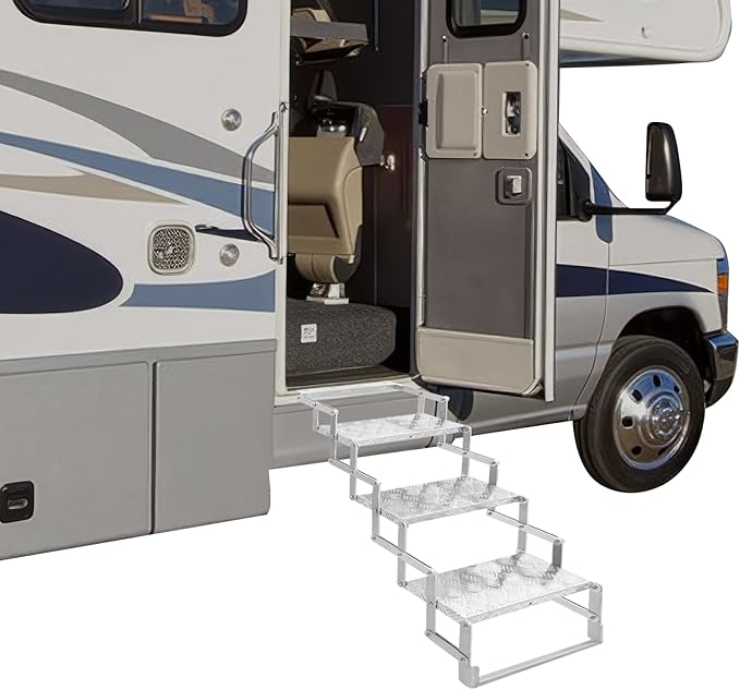 RV Steps, Foldable RV Stairs, Aluminum Alloy 17" Wide Camper Steps, Scissor Stairs Ladder for Mobile Home, RVs, Camper, Shop, Trailers, Truck, Warehouse (3 Steps)