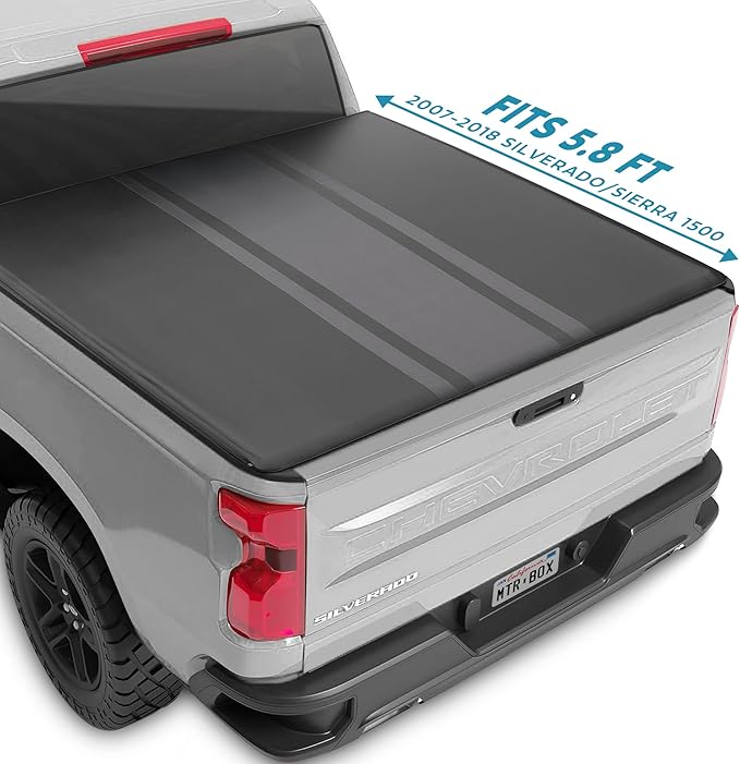 Truck Tonneau Cover for Chevy Silverado 1500 / GMC Sierra 1500 (2007-2018) with 5.8 ft Bed Length, All-Weather Retractable Soft Roll-Up Truck Bed Cover with Gray Stripes