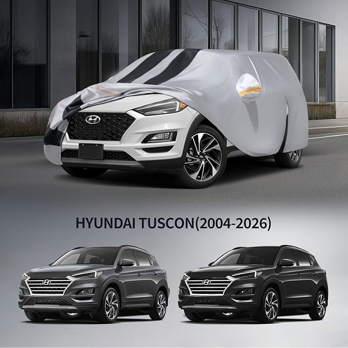 10 Layers Car Cover Custom Fit for Hyundai Tucson 2004-2026 100% Waterproof All Weather Automobiles, Gift with Towel, Heavy Duty Car Covers for Rain Sun UV Protection with Door Zipper.