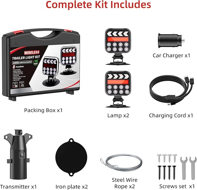 Wireless Trailer Lights Magnetic, Rechargeable LED Tail Lights with 2.4GHz Wireless Signal, Adjustable Magnetic Tow Light for Trucks, Boats, RVs, Campers, IP67 Waterproof Trailer Light Kit