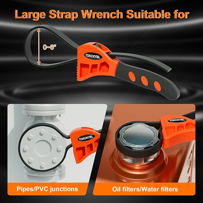 2-Piece Heavy-Duty Strap Wrench Set Upgrade – Adjustable Oil Filter Wrench, Reinforced Rubber - Jar Opener, Plumbing Tool for Shower Heads, Water Filters, Pipes (4" to 6" Diameter)