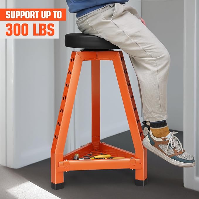 DNA Motoring Heavy-Duty Padded Seat, Mechanics Shop Garage Stool, 300lbs Capacity Metal Stool Chair for Workshop, W/Tool Storage Tray, 360° Swivel Padded Seat, TOOLS-00639-BK-RD