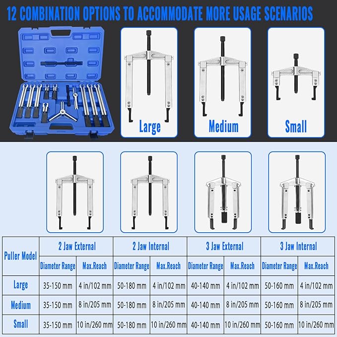 6 in 1 Gear Puller Set,13pcs 2 Jaw & 3 Jaw Bearing Flywheel Puller Kit with Reversible Jaws,Cr-V Steel Heavy Duty Pulley Puller Tool for Pulley Gear Bearing Flywheel Removal.