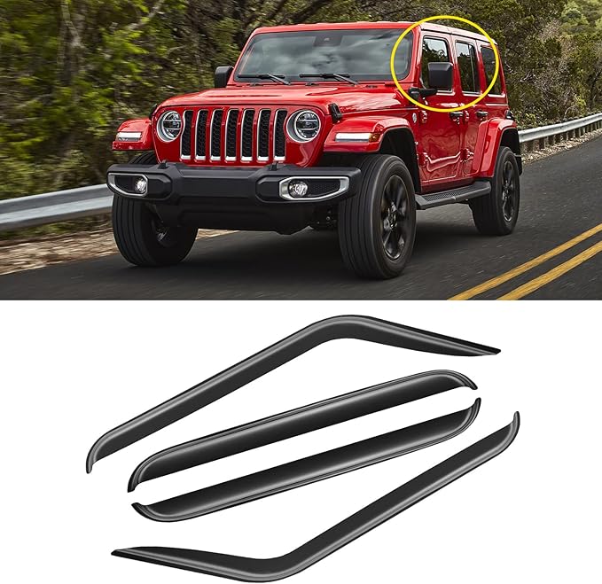 Window Rain Guards for 2018-2025 Jeep Wrangler JL/ 2020-2025 Jeep Gladiator, Window Visor Guard Vent Wind Shade Deflector Rain Shield Protector Sun Visor Durable, Tape-on/Outside-Mount, 4 Pieces