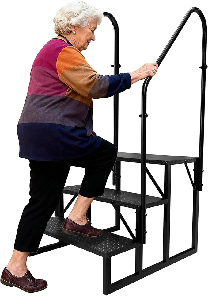 RV Steps with 2 Handrails|3 Step RV Stairs with Handrail|Update 3.0 Outdoor RV Ladders with Anti-Slip Pedals|Mobile Home Stairs for Travel Trailers|Heavy Duty Hot Tub Steps for Porch, Spa