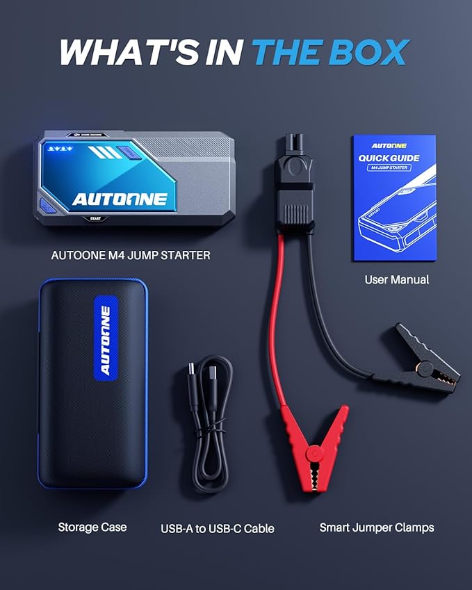 AUTOONE M4 Jump Starter 8000A Car Battery Jumper Starter Portable, 12V Jump Pack (All Gas/12L Diesel) Jump Box for Car Battery with Built-in Booster, Storage Case, LED Light, Jumper Cables