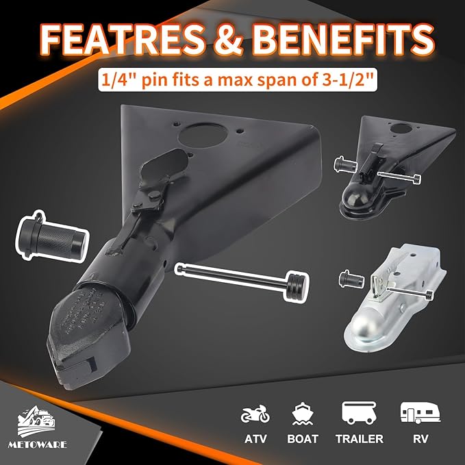 METOWARE Trailer Tongue Coupler Lock 1/4" Dia, 3-1/2" Span, Trailer Hitch Lock for Latch-Type Coupler, Black Trailer Pin Lock for Towing Trailer RV Car Boat Truck (2 Pack)