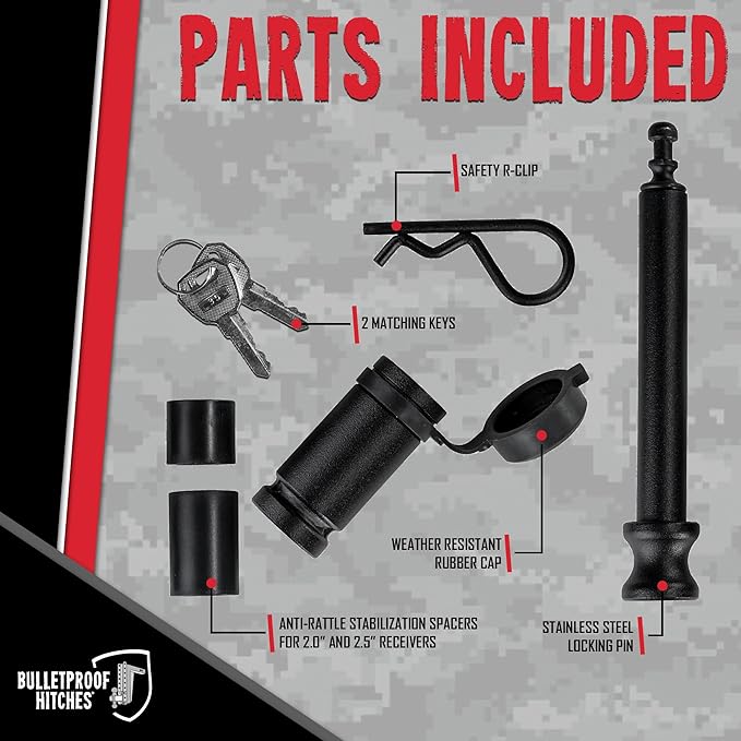 BulletProof Hitches - 5/8" Trailer Hitch Locking Pin - Universal Fit, Stainless Steel, Weather Resistant Rubber Cap - Black, 1 Pack