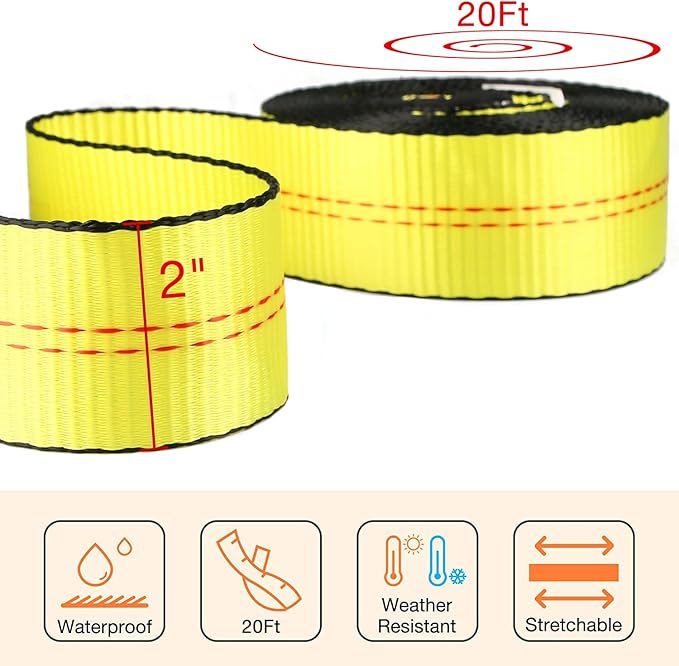 Recovery Tow Strap 2in X 20ft Heavy Duty 20,000 lbs Break Strength, Use for Emergency Towing Rope, Tree Saver, Winch Extension, Triple Reinforced Loops, Protective Sleeves,Car Accessories