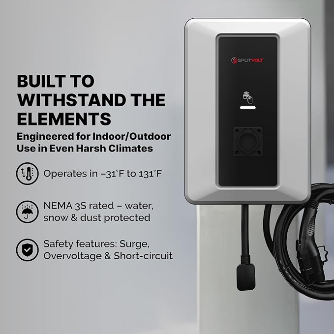 Splitvolt Level 2 EV Charging Station, Indoor/Outdoor 50A (Hardwired) charging/40A (NEMA 14-50), RFID Authentication, US Support, 23ft Cable, J1772