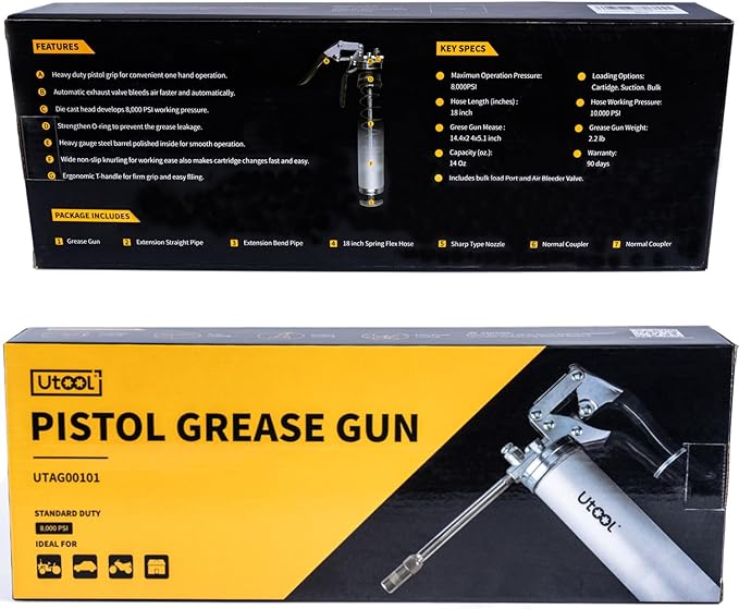 UTOOL Grease Gun, 8000 PSI Heavy Duty Pistol Grip Grease Gun Kit with 14 oz Capacity, 18 Inch Resin Flex Hose, 2 Basic Coupler, 2 Extension Rigid Pipe and 1 Sharp Type Nozzle, Silver