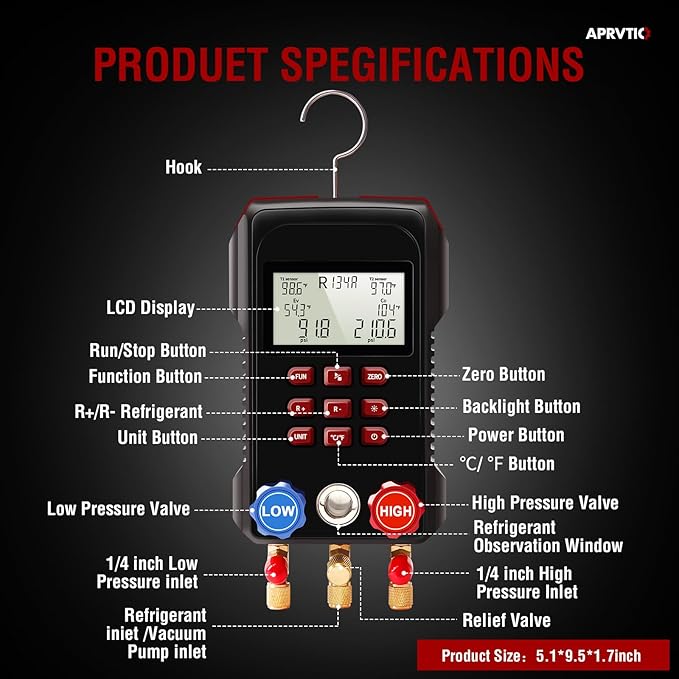Digital HVAC Gauge, Aprvtio AMF-300 AC Manifold Gauge Set with 3000PSI Hoses and 2 Wired Temperature Clamp Probes, Refrigerant Gauges for Automotive HVAC System HVAC Tools Kit R134a R22 R12