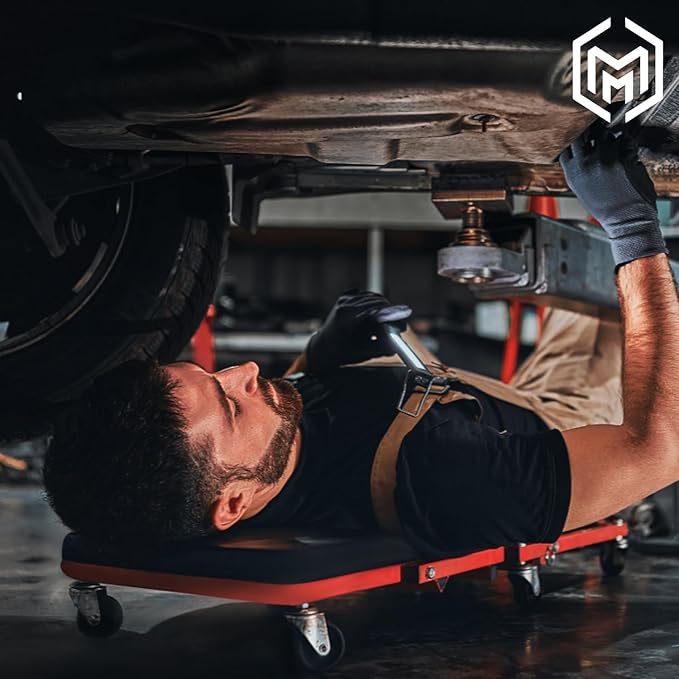 M-AUTO Foldable Z Creeper 2-in-1 Rolling Folding Car Creeper & Seat, 36" Adjustable Roller Garage Chair Lay Down or Sit, 330LBS Capacity Under Car Roller Creeper with 6 Swivel Casters, Red