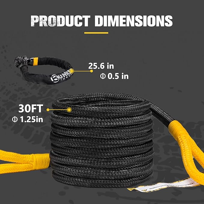 BUNKER INDUST 1.25"×30ft Kinetic Recovery Rope with 2 Soft Shackle Kit, 55000lbs Nylon Tow Rope Heavy Duty Snatch Strap Offroad Recovery Kit for 4x4 Jeep Truck ATV UTV SUV