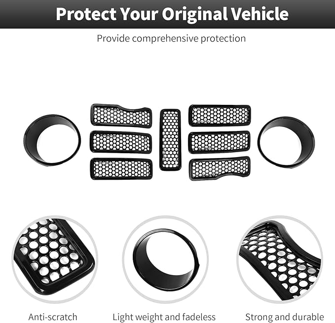 CheroCar for JL Mesh Front Grille Insert & Headlight Turn Light Cover Trim Exterior Accessories for Jeep Wrangler JL 2024+