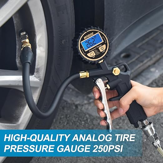 Digital Tire Pressure Gauge with Inflator, 250PSI Air Chuck Compressor Accessories with Quick Connect Coupler Heavy Duty Tire Inflator Gauge, 0.1 Display Resolution for Truck,RV, SUV
