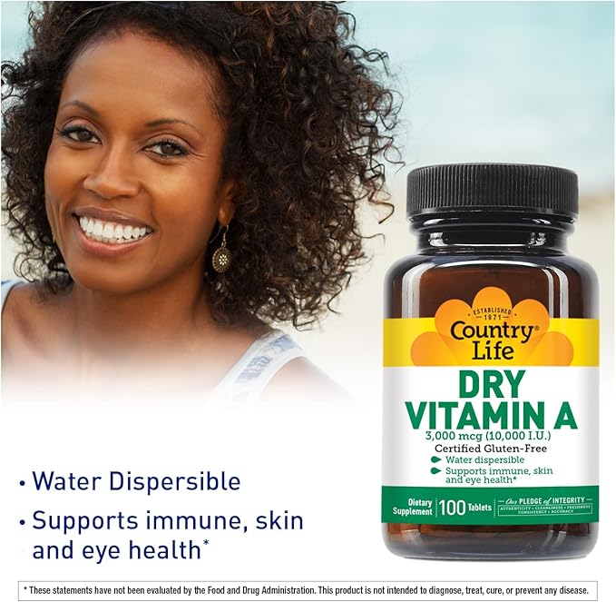 Country Life Vitamin A 10,000 IU - Immune Support, Skin & Eye Health Supplement, Certified Gluten-Free, Vegan, Halal, Kosher, 50% Beta-Carotene & 50% Retinyl Palmitate, Easy Absorption - 100 Tablets
