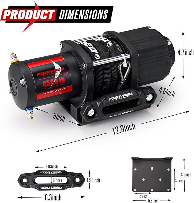 FIERYRED ATV/UTV Winch 12V 4500 lb Electric Winch with Synthetic Rope, with Wireless Remote Control Hawse Aluminium Fairlead & Mounting Bracket, Waterproof IP67