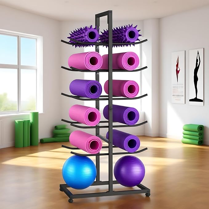 Yoga Mat Holder, Yoga Mat Storage Rack Floor-Standing, Home Gym Double Sided Foam Roller Holder Rack, Large Capacity Yoga Blocks Organizer Shelf on Wheels, 5 Tier Metal Rolling Cart (black, 5th floor)