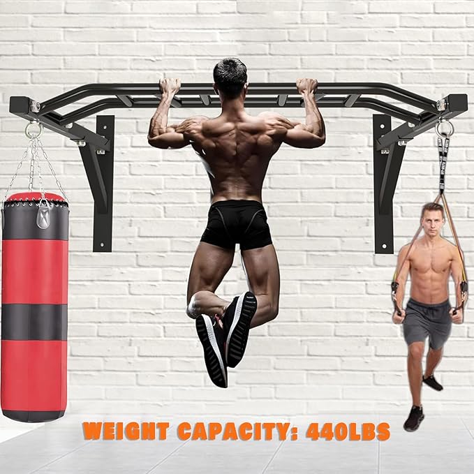 Wall Mounted Pull Up Bar Chin Up bar Multifunctional Adjustable Dip Station for Indoor Home Gym Workout, Power Tower Set Training Equipment Fitness Dip Stand Supports to 440 Lbs (Black)