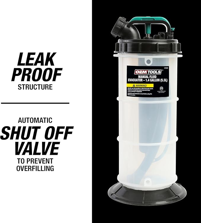 OEMTOOLS 24389 Manual Fluid Extractor Pump, 1.4 Gallon (5.3L) Oil Extractor Pump Capacity, Use for Oil, Coolant, and Transmission Fluid, 2 Dipstick Adapters, 5ft Hose