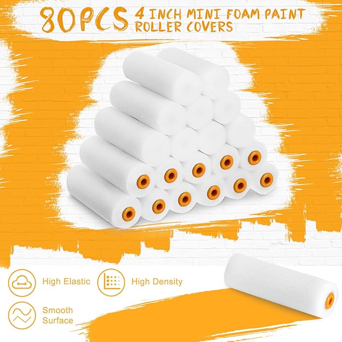 80 Pcs 4 Inch Mini Paint Roller Covers Small Foam Paint Roller Foam Roller Paint High Density Foam Roller Refills Brings Fine Smooth Finishes Flat Surfaces for Painting Cabinet Wall Cupboards Doors