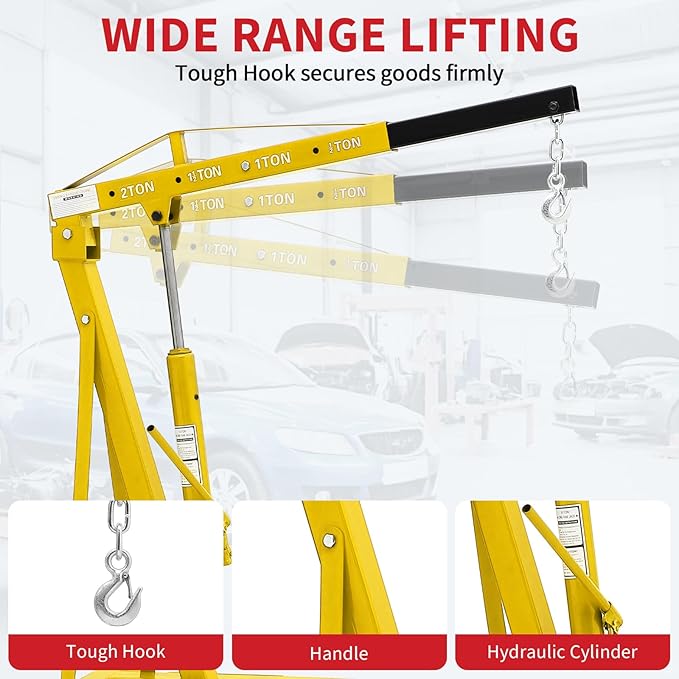 2-Ton Folding Engine Hoist Cherry Picker 4400 Lb Capacity Hydraulic Shop Crane with Telescoping Boom 6 Caster Wheels for Automotive Repair Garage Use Includes Hitch and Storage Stand Yellow