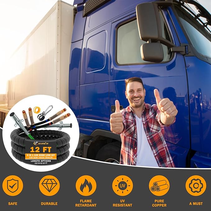 12FT Semi Truck Air Lines Kit 3IN1 Trailer Cord and Air Brake Hoses Assembly without Rubber Gladhand Handles for Semi Truck Trailer Tractor