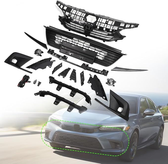 ZXMOTO Black Front Bumper Upper Grill Grille Kit Fit for Honda Civic Sedan 4Door 2022 2023 2024