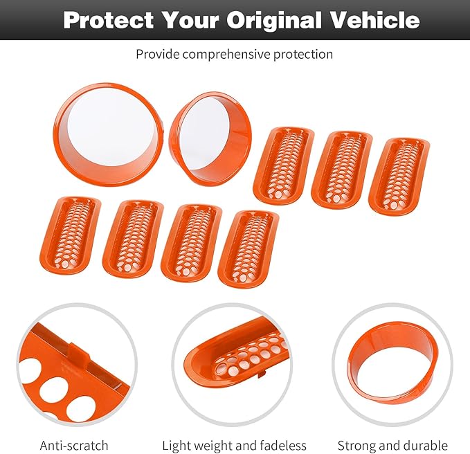 CheroCar for JK Mesh Grille Grill Insert & Headlight Cover Trim Exterior Accessories for Jeep Wrangler JK 2007-2017,Orange…
