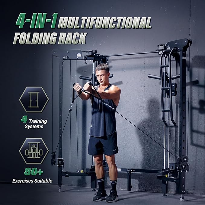 MAJOR FITNESS F35 Folding Power Rack 4-in-1 Home Gym with Cable Pulley System, Multi-Grip Pull-Up Bar, Landmine, 80+ Exercises Space-Saving Gym Equipment Easy Folding for Small Spaces
