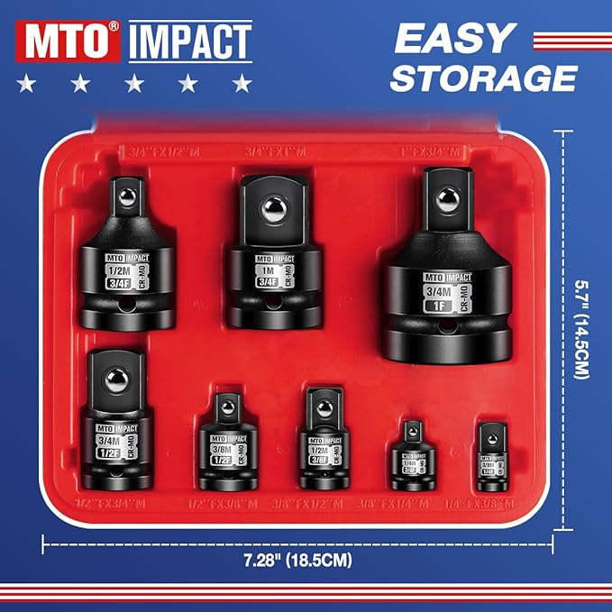 MTO 8-Piece Impact Socket Adapter & Reducer Set, 1/4", 3/8", 1/2", 3/4" Drive, Impact Driver & Wrench Conversion Kit, Chrome Molybdenum Steel
