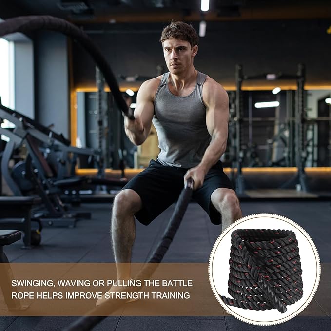 MECCANIXITY Battle Rope 40ft x 1.5 Inch Polyester Workout Rope Heavy Fitness Exercise Rope for Strength Training Home Gym Muscle Building, Black Red